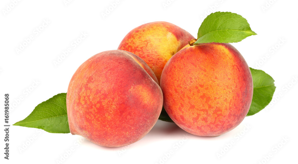 Peach. Fruit with green leaf isolated on white background Peach. Fruit with green leaf isolated on white background