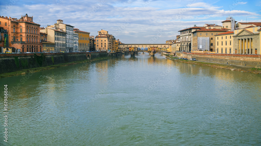 panoramic view of Arno River with Ponte Vecchio