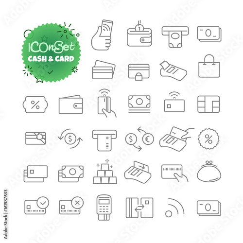 Simple icons collection. Web and mobile app outline icons set. Cash and plastic card