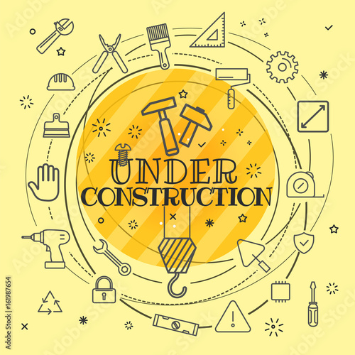Under construction concept. Different thin line icons included