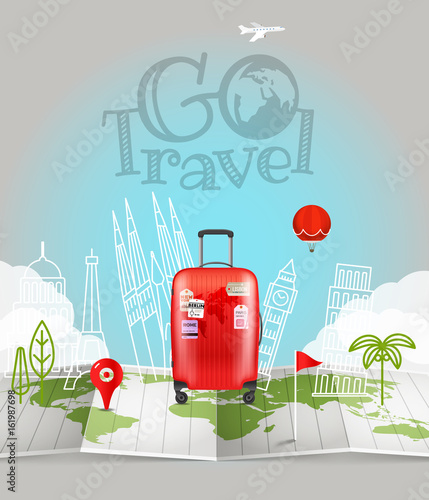 World map with the bag. Go travel logo