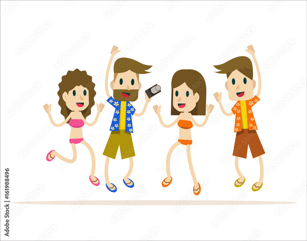 Happy group of people jumping on the beach. The concept of friendship,summer, vacation. flat character design. vector illustration Happy group of people jumping on the beach. The concept of friendship,summer, vacation. flat character design. vector illustration