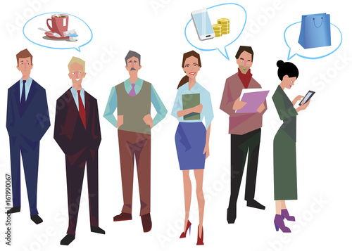Group of office workers, employees, managers with speech bubbles. Business people in casual and office clothes. Isolated on white. Business Icons. Business design. Vector illustration.