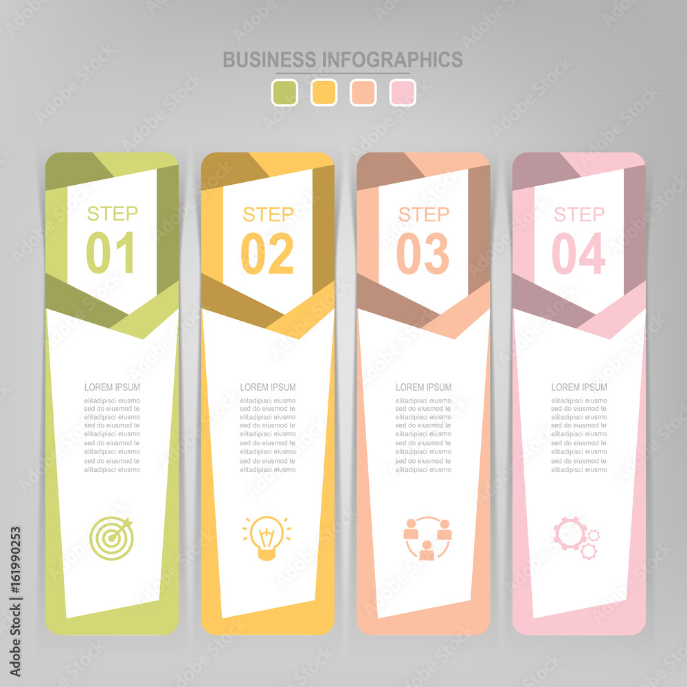 Infographic template of four steps on squares, tag banner, work sheet ...