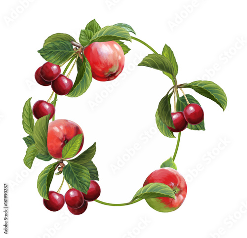 cartoon scene with beautiful and colorful apples and cherries frame on white background 