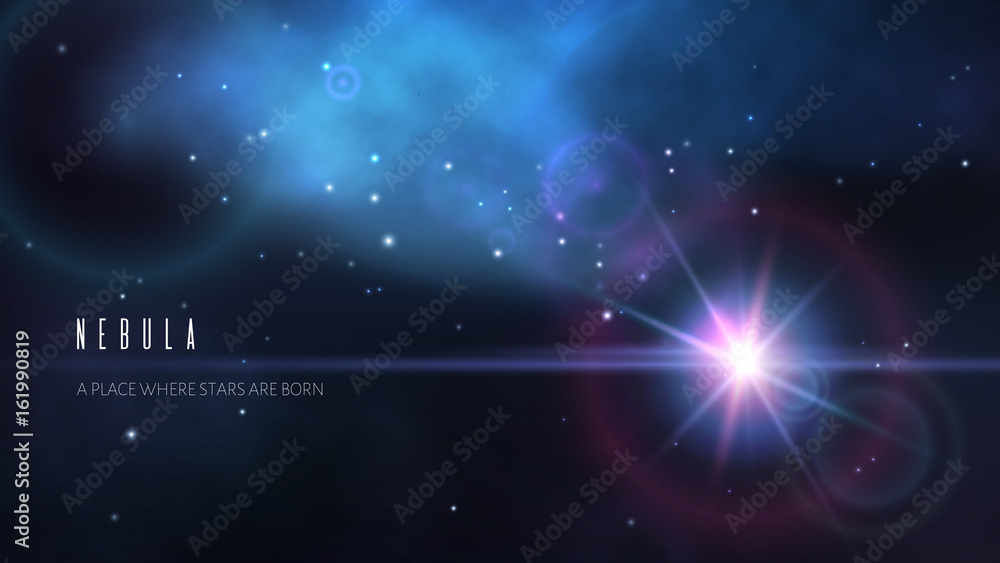 Vector space background with dark blue nebula and bright stars. Fantasy scientific astronomical illustration.