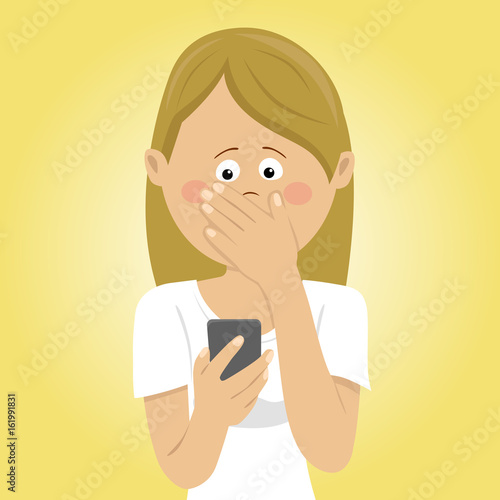 Young worried woman holding mobile phone received bad message covering mouth with her hand