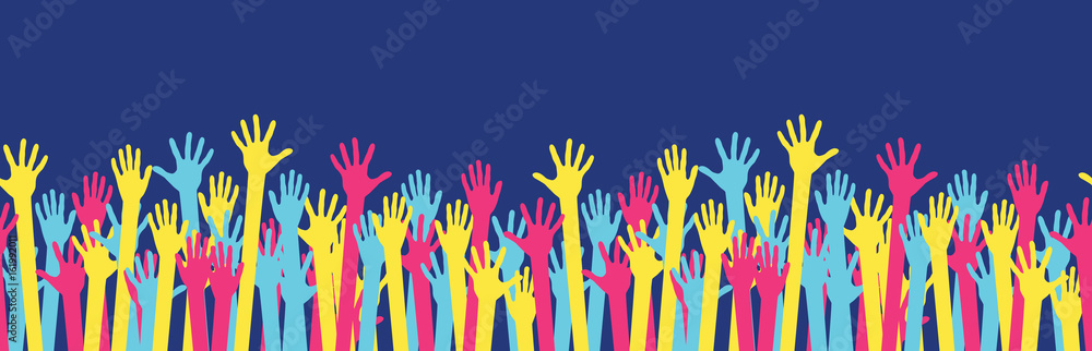 Seamless horizontal pattern from raised colorful hands at a party. Waving hands in the fun event. Hand-voting in the crowd. Vector illustration