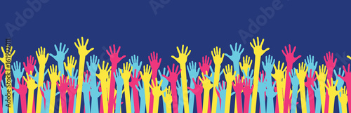 Seamless horizontal pattern from raised colorful hands at a party. Waving hands in the fun event. Hand-voting in the crowd. Vector illustration