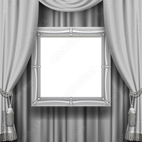 Gray ornamental curtain background with a suspended silver classic frame