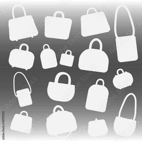 Set of fashion handbags. Trendy female bags in white outline isolated on gradient background