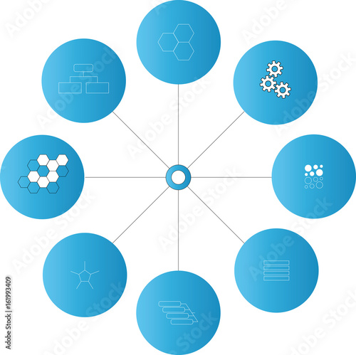 Set of 8 blue circular icons about technology, science, industry, business