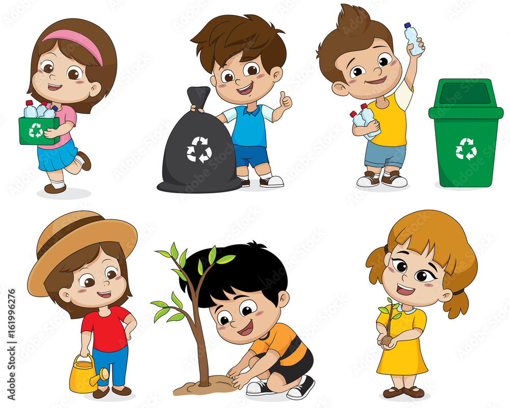 kid help save the world by collecting plastic bottles recycled, garbage drops into the bin and plant trees. kid help save the world by collecting plastic bottles recycled, garbage drops into the bin and plant trees.