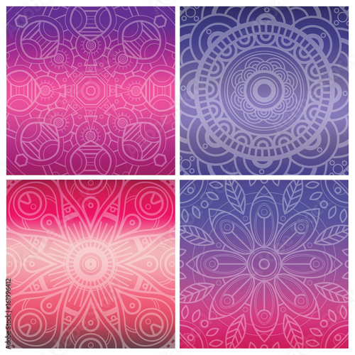 Set of cards with indian mandala on bright violet gradient background. Bohemian ornament for posters or banners.