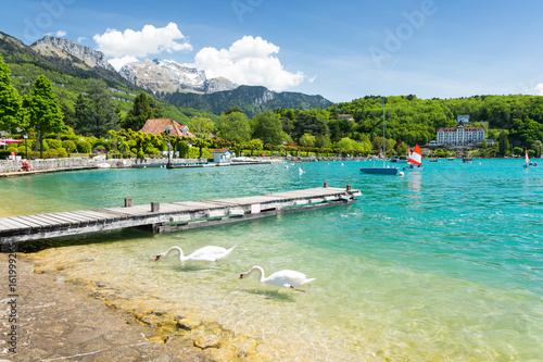 Obraz na płótnie amazing view on marina with swan on Lake Annecy, France w salonie