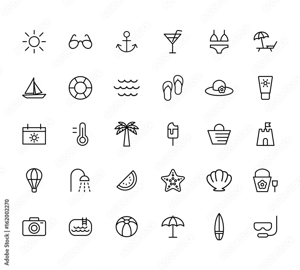 summer, travel, holiday and beach icons set on white background, thin line summer, travel, holiday and beach icons set on white background, thin line
