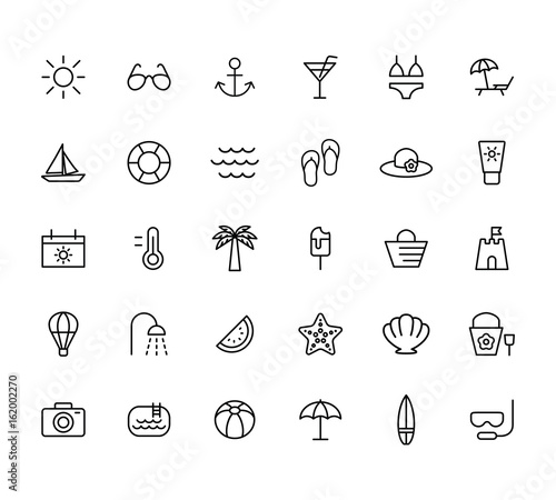 summer, travel, holiday and beach icons set on white background, thin line