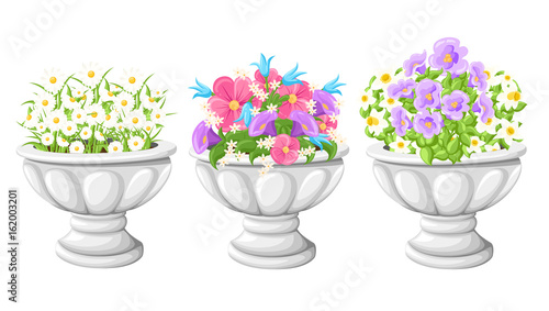 Flower in ceramic grey flowerpots for cultivation of plants. Clay pot in an isometry, isolated on a white background. Web site page and mobile app design vector element