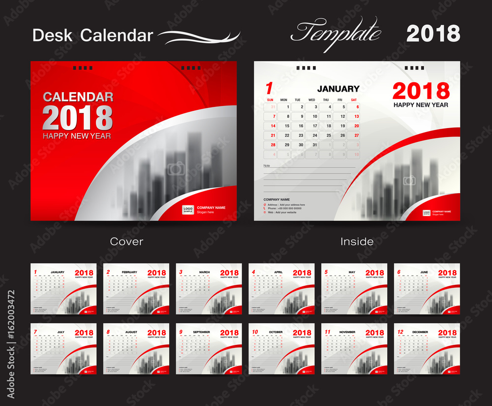 Desk Calendar 2018 template design, red cover, Set of 12 Months, Business  calendar idea Stock Vector | Adobe Stock