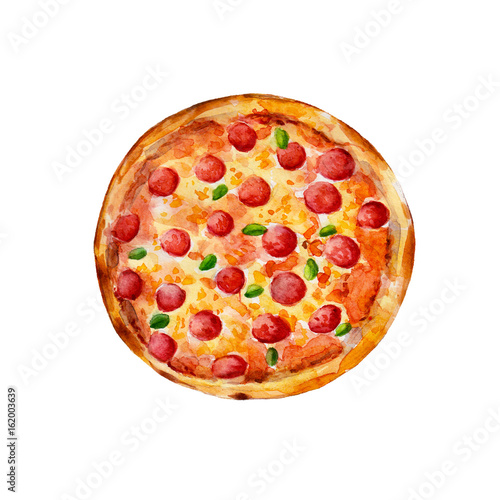Italian pizza with pepperoni, watercolor illustration isolated on white background.