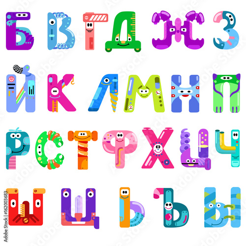 Consonants of the Cyrillic alphabet like different robots / Consonants of the Cyrillic alphabet with eyes, mouths, and gears. The letters belong to Russian, Ukrainian and Bulgarian alphabet
