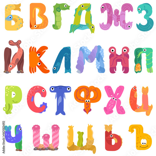 Consonants of the Cyrillic alphabet like sea inhabitants / Consonants of the Cyrillic alphabet with eyes, mouths, and fins. The letters and belong to Russian, Ukrainian and Bulgarian alphabet