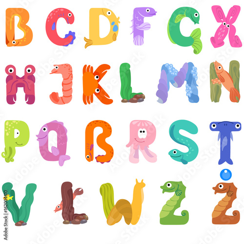 Consonants of the Latin alphabet like sea inhabitants / There are consonants of the Latin alphabet with eyes, mouths, and fins. The belong to English, Polish and German alphabet
