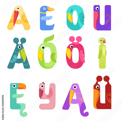 Vowels of the Latin alphabet like different birds / There are vowels of the Latin alphabet with eyes, beaks, and wings. The letters belong to English, Polish and German alphabet
