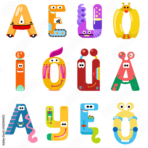 Vowels of the Latin alphabet like different robots / There are vowels of the Latin alphabet with eyes, mouths, and gears. The letters belong to English, Polish and German alphabet

