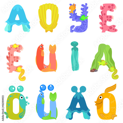 Vowels of the Latin alphabet like sea inhabitants / Vowels of the Latin alphabet with eyes, mouths, and fins. The letters are belong to English, Polish and German alphabet