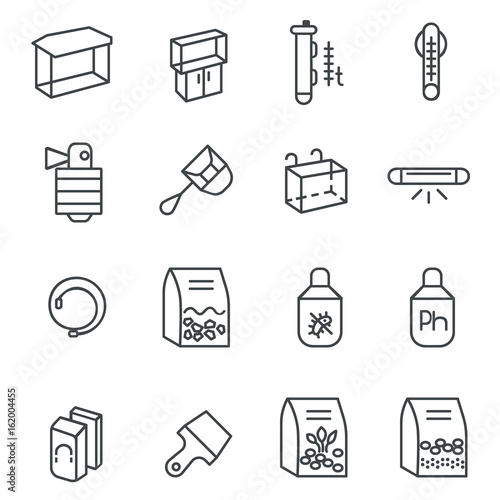 Items for aquarium hobby as line icons set 1 / 
There are types of aquarium tanks, filter, heater, accessories
