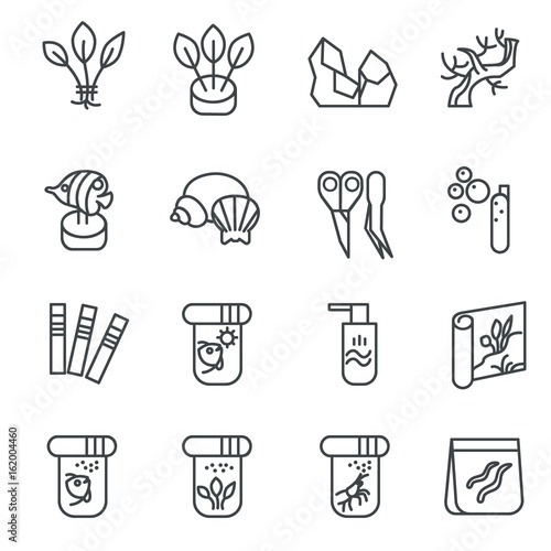 Items for aquarium hobby as line icons set 2 / There are types of aquarium decoration, food for inhabitants, chemical substances
