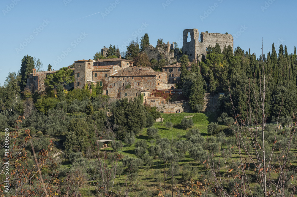 VAL D'ORCIA, TUSCANY-ITALY - OCTOBER 30, 2016: Unknown village in the scenic Tuscany landscape with rolling hills and valleys in Val D'orcia, Italy in autumn