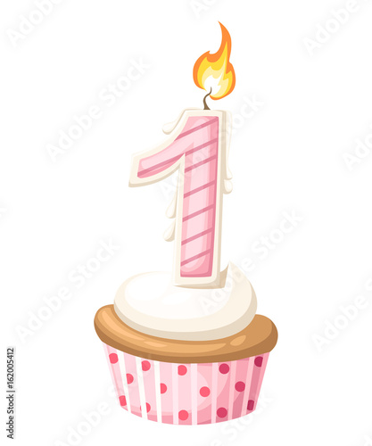 Happy 1 First Birthday girl card with cupcake and candle in flat design style, vector illustration