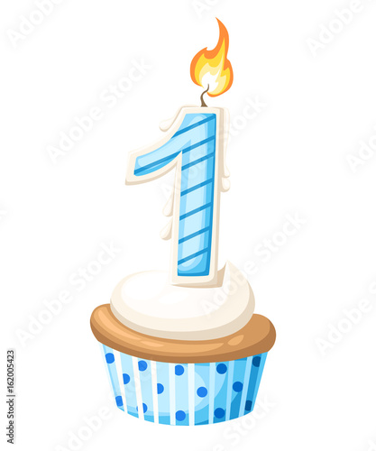 Happy 1 First Birthday boy card with cupcake and candle in flat design style, vector illustration