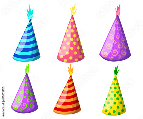Party hat set isolated on a white. Birthday hat set. Vector fun decoration. Colorful surprise costume