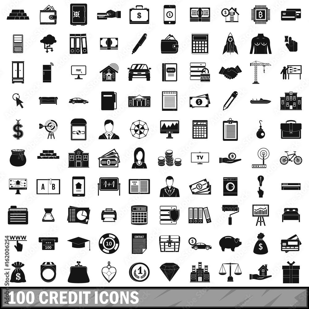 100 credit icons set, simple style 