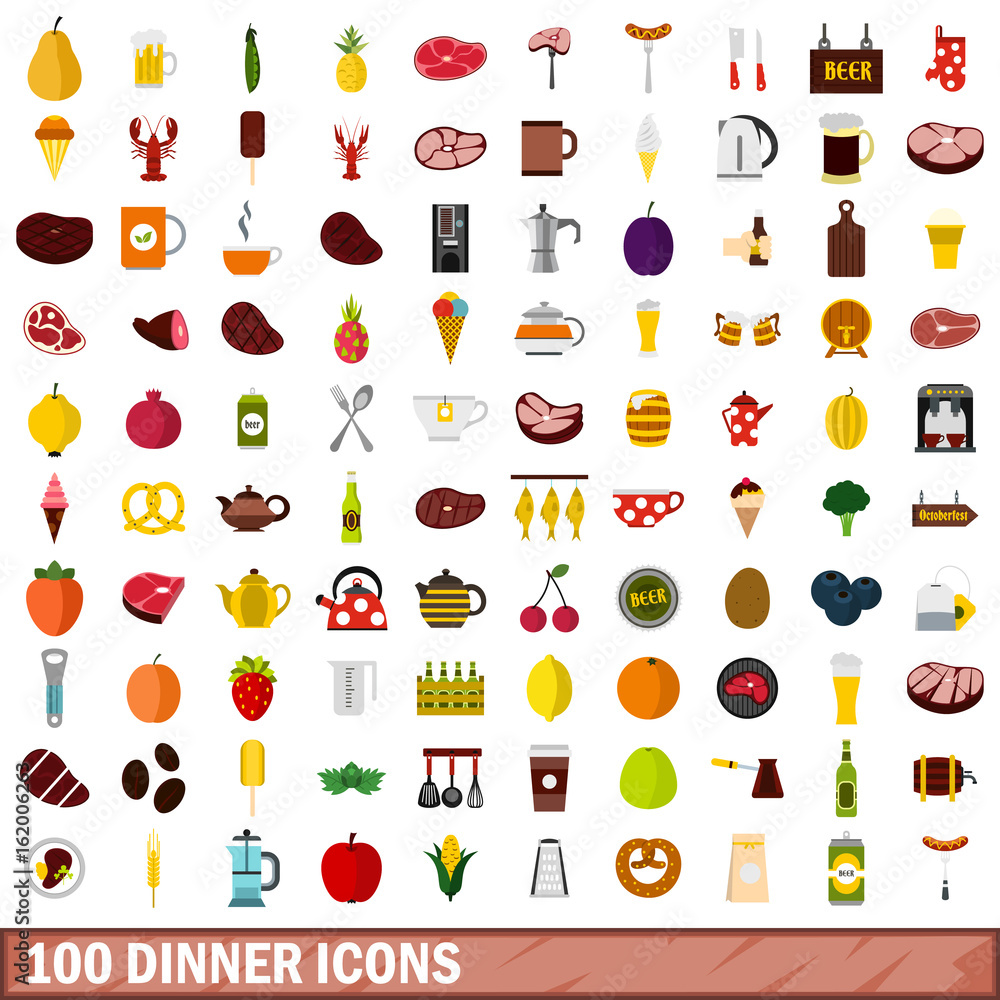 100 dinner icons set, flat style