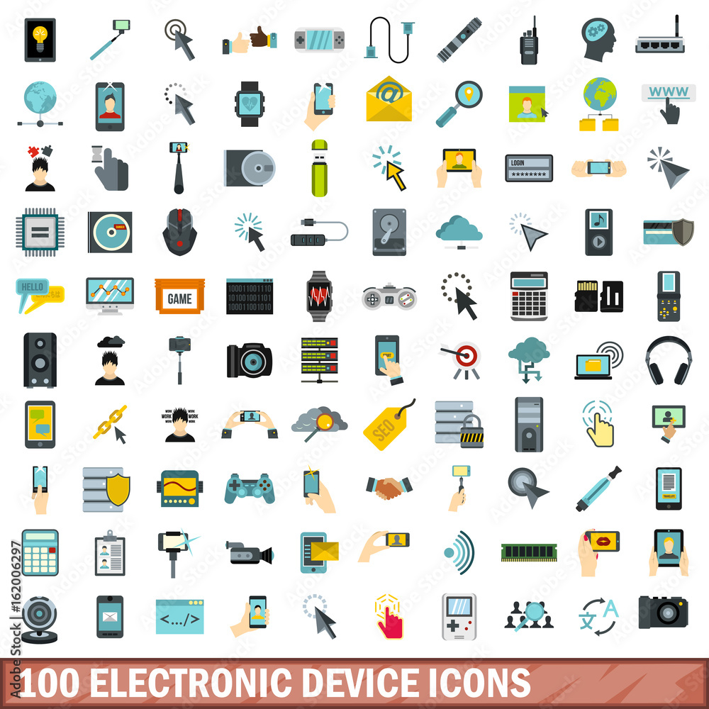 100 electronic device icons set, flat style 100 electronic device icons set, flat style