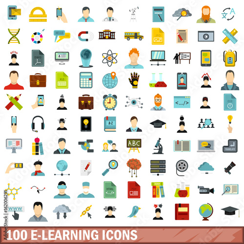 100 e-learning icons set, flat style