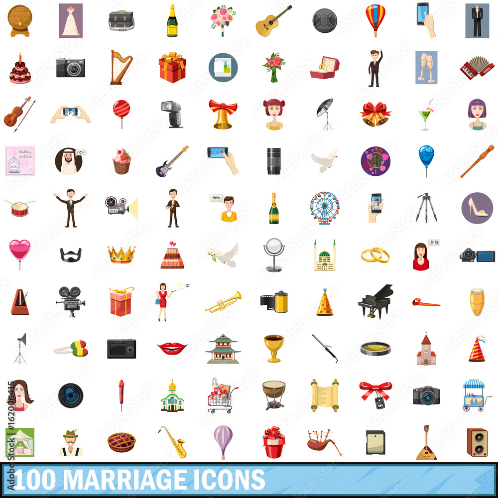100 marriage icons set, cartoon style 100 marriage icons set, cartoon style