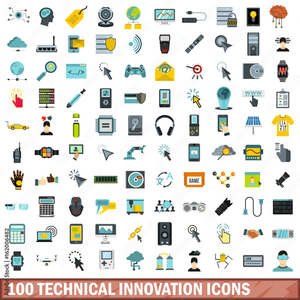 100 technical innovation icons set, flat style 100 technical innovation icons set, flat style