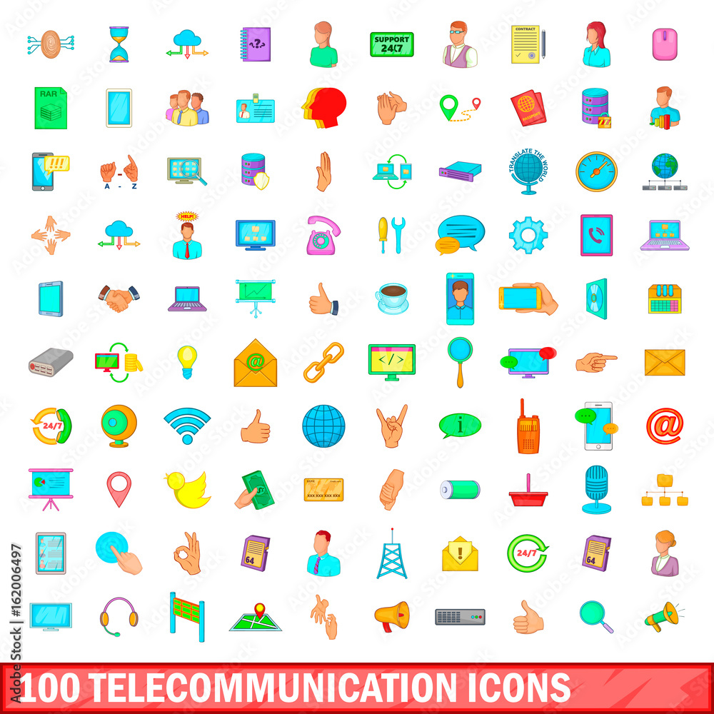 100 telecommunication icons set, cartoon style 100 telecommunication icons set, cartoon style