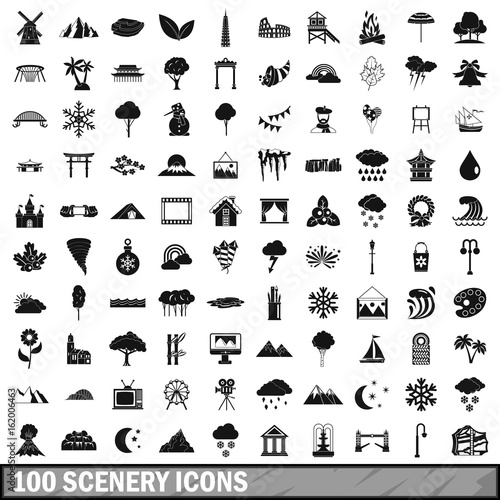 100 scenery icons set, simple style 