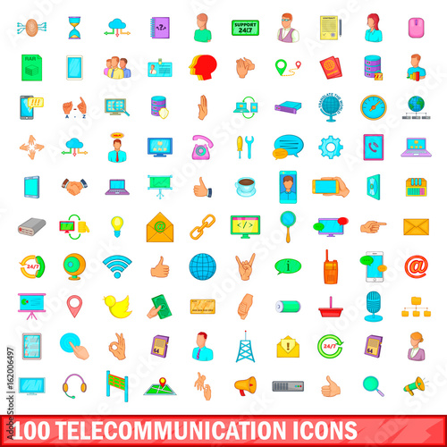 100 telecommunication icons set, cartoon style
