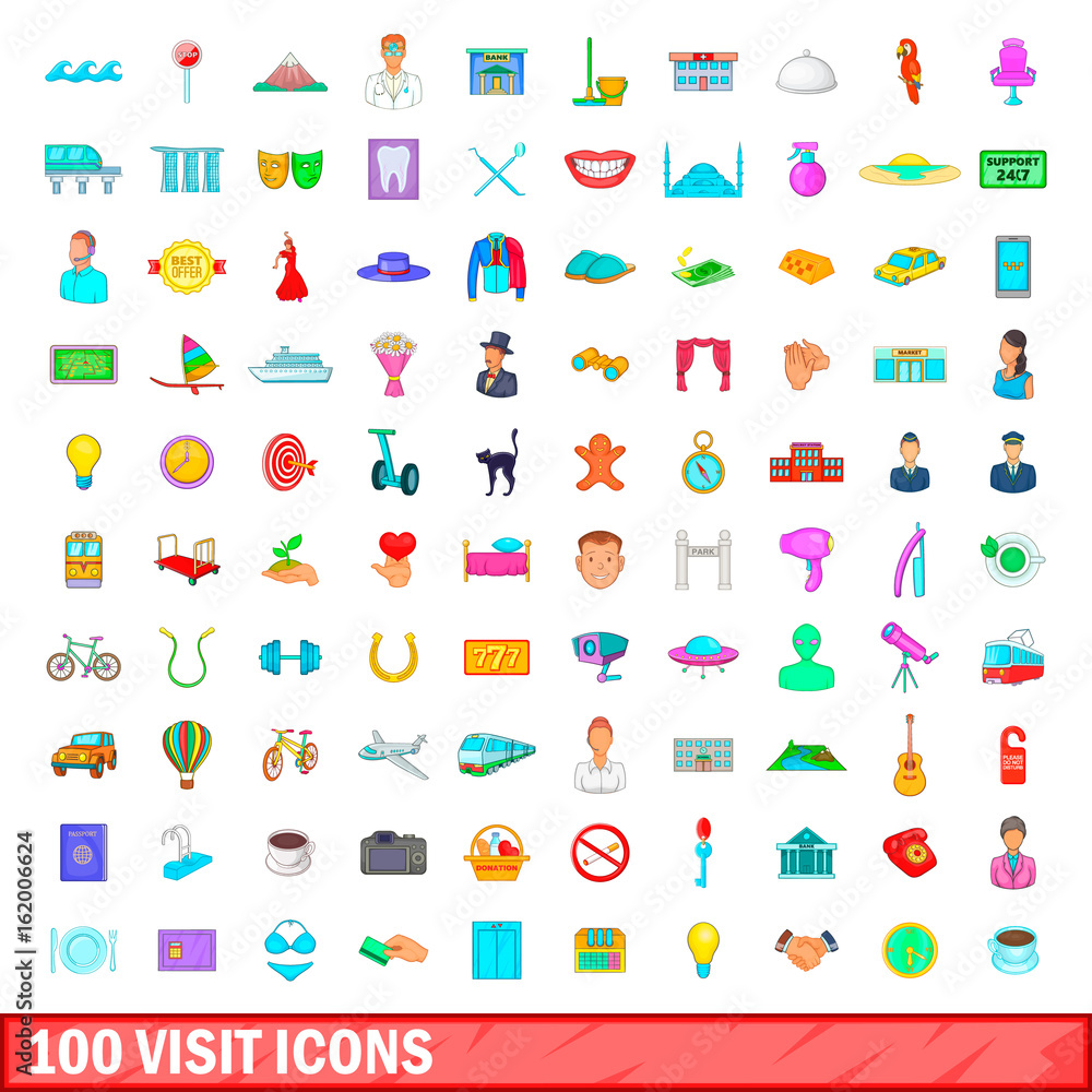 100 visit icons set, cartoon style 100 visit icons set, cartoon style