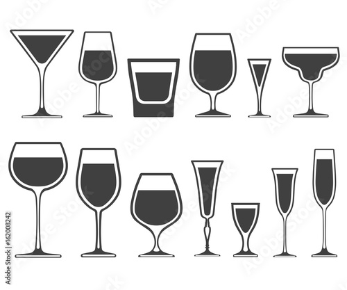 Set of wineglass and glass different shapes vector icons with poured liquid inside isolated on white background