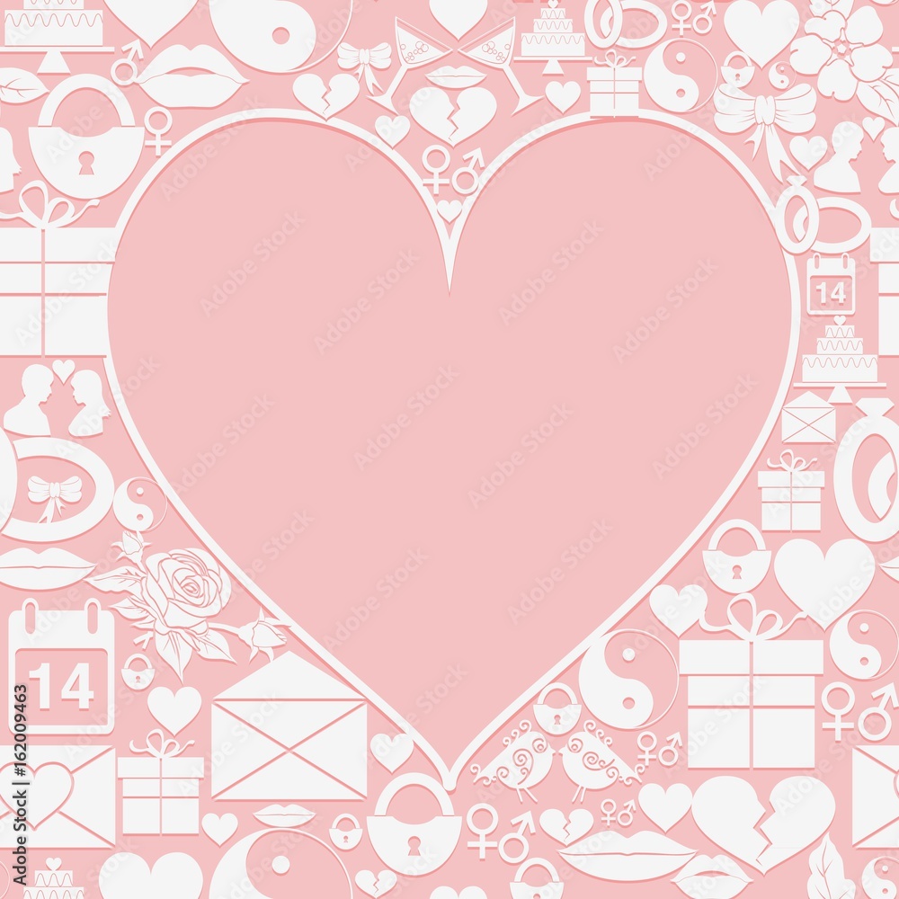 Valentines Day card with empty space in the form of heart on the background of the icons.