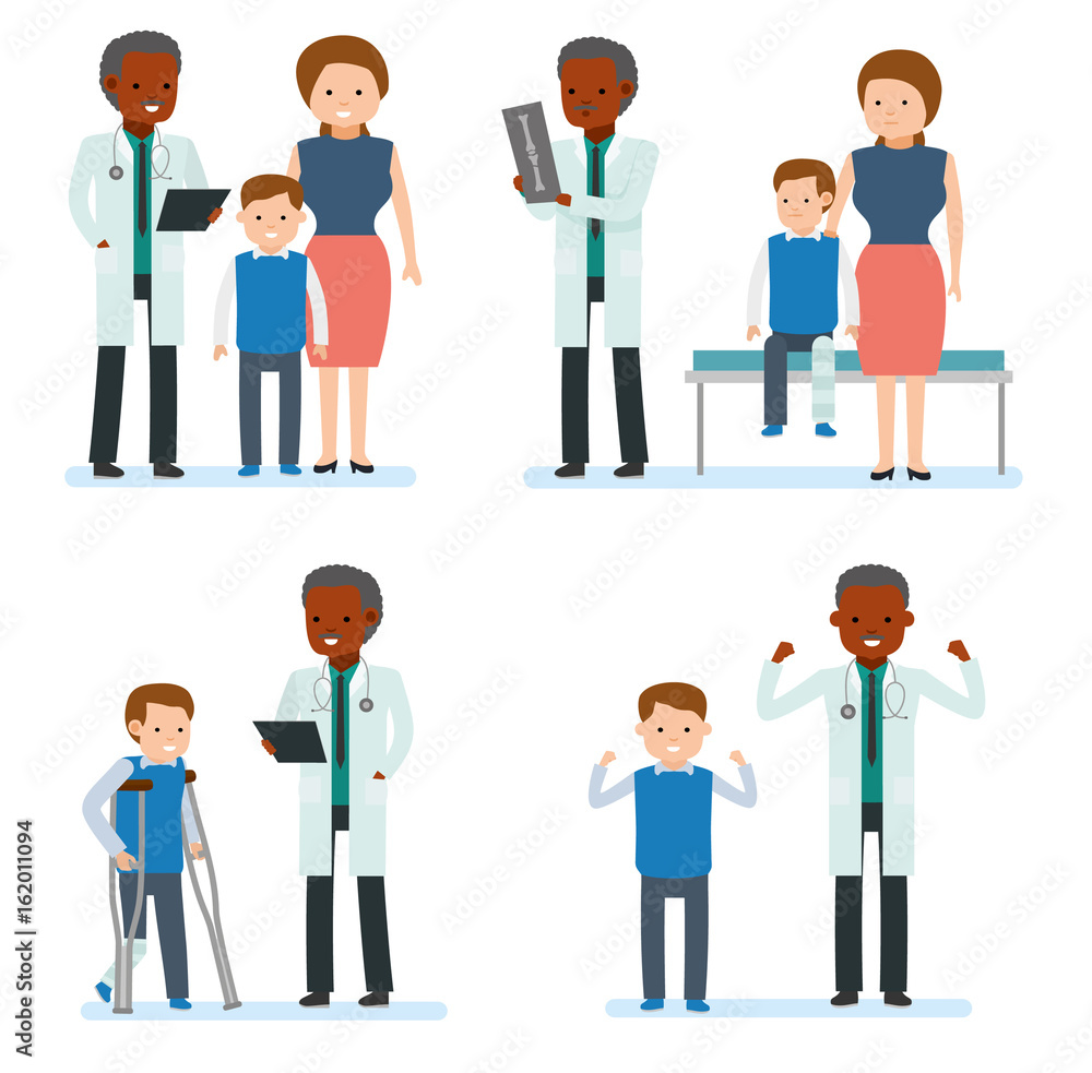 Caring for the health of the child. Set of pediatrician and the mother with  son on a white background. African doctor. Family doctor. Vector  illustration in a flat cartoon style Stock Vector |