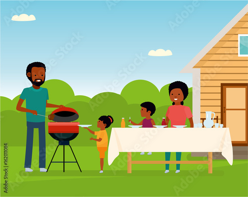 African Happy family preparing a barbecue grill outdoors. Family leisure. African American people. Vector illustration in a flat cartoon style